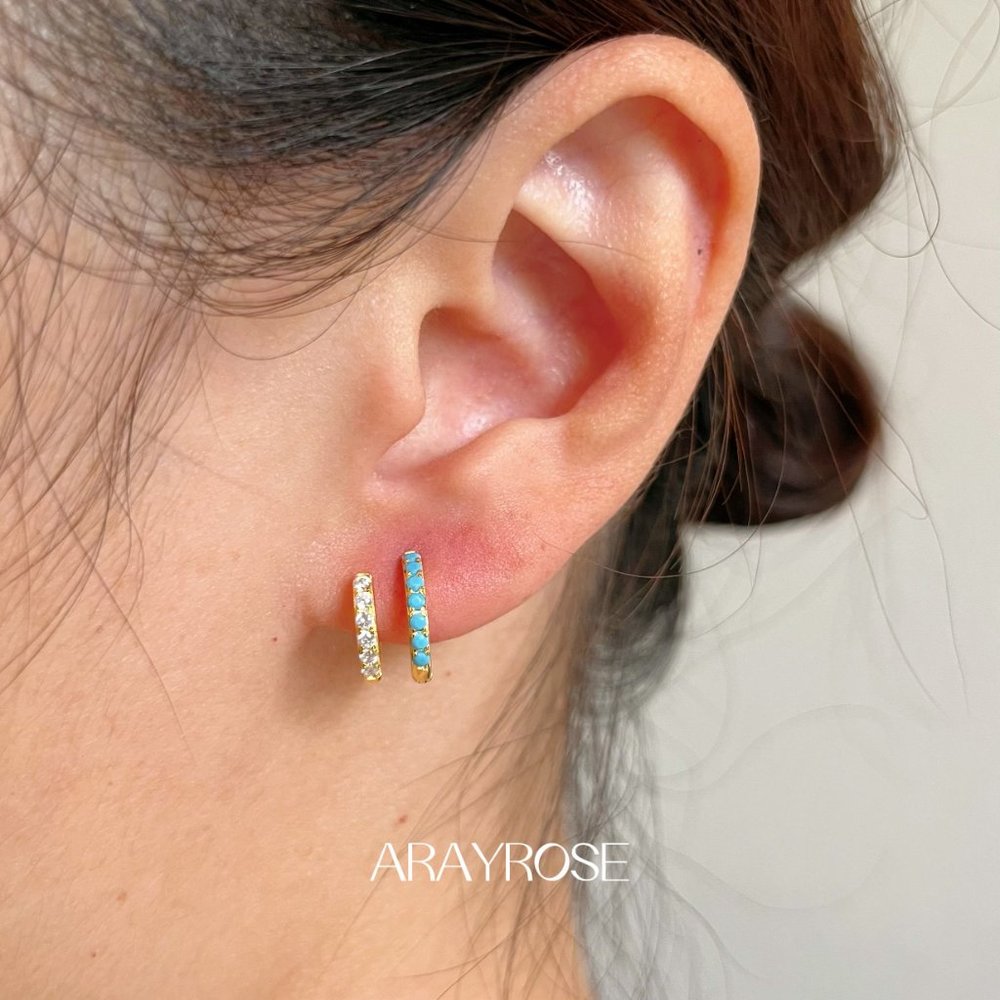 New Turquoise Double Hoop Earrings One Piercing, Fake Second Piercing Huggies - Picture 2 of 3